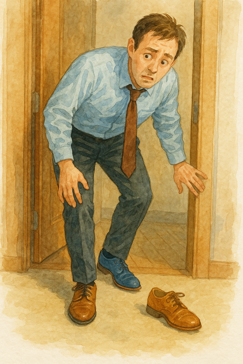 色が左右違う靴で出かけようとしている男性