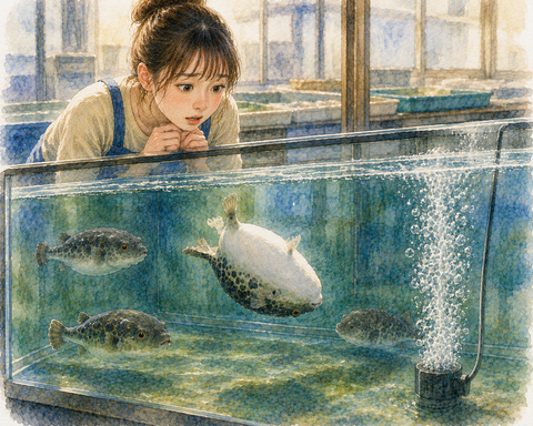 水槽のひっくり返るフグを心配する女性