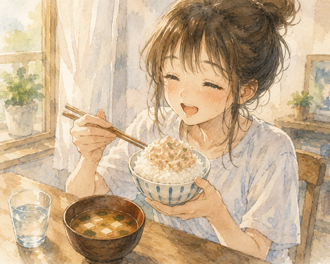 白米ツナマヨ味噌汁女性