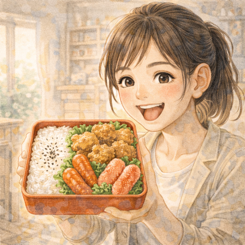 唐揚げ弁当が嬉しそうな女性