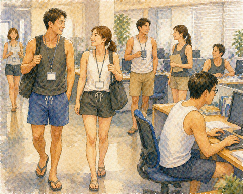 タンクトップ短パンで出勤する社員