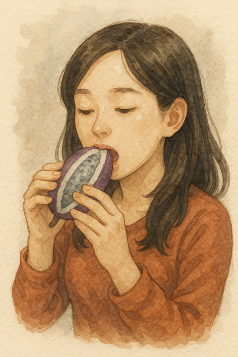 アケビを食べる女性