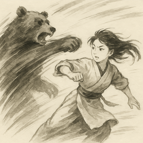 熊のフックを躱す女性