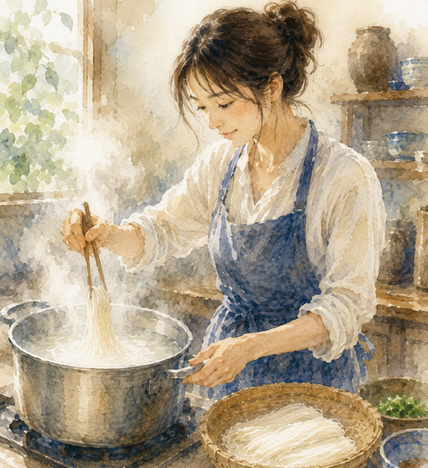 そうめんを茹でる女性