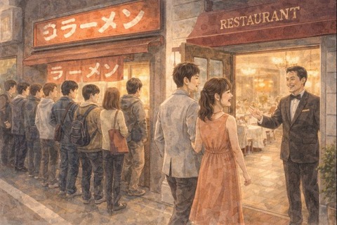 行列の絶えないラーメン店と高級店