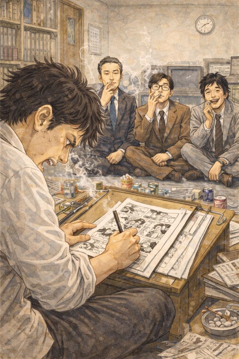 原稿を書く漫画家と待つ編集