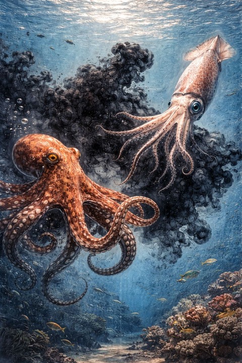 海中でイカｖｓタコ