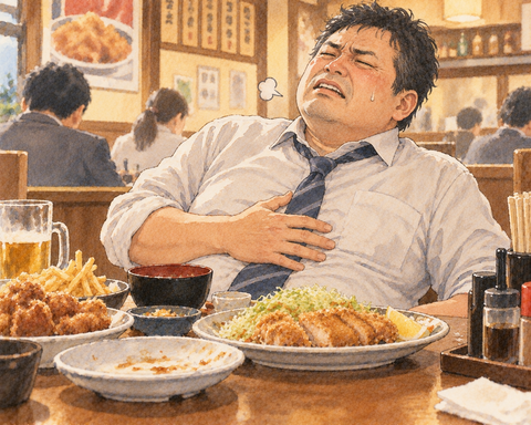 脂っこい食べ物で胸焼けす男性
