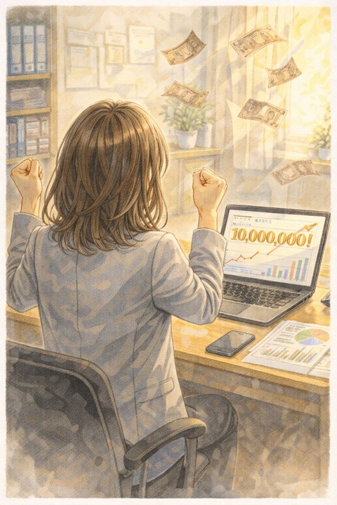 売上一億円を達成で喜ぶ女性