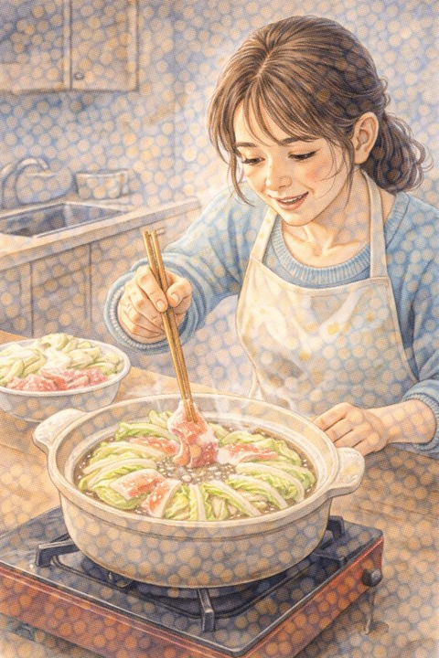 白菜と豚肉で鍋料理を作る女性