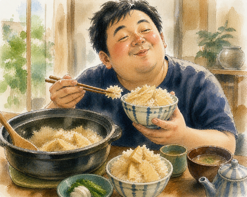 たけのこご飯を幸せな食べる男性