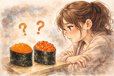 イクラととびこの寿司で迷う女性
