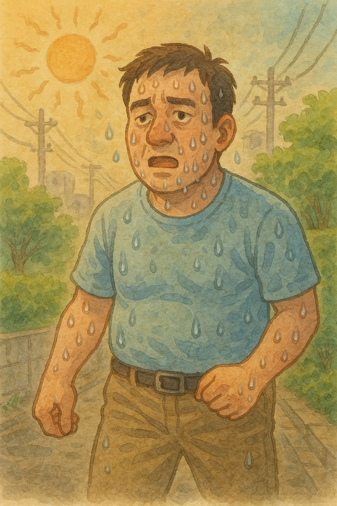 真夏に汗だくで歩く男性