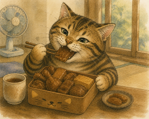 茶色一色のお弁当を食べるねこすけ