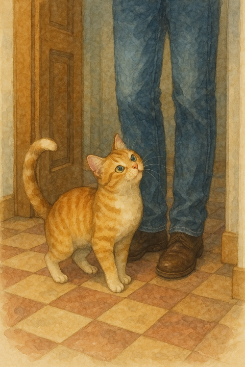 玄関で足にまとわりつく猫