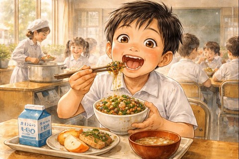 納豆給食を食べる小学生