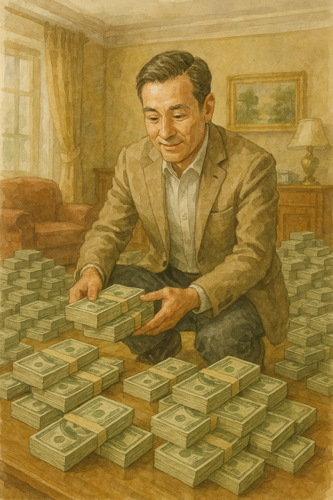 大量の札束を部屋に置く金持ち男性