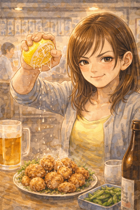 レモンを握りつぶして唐揚げにかける女性