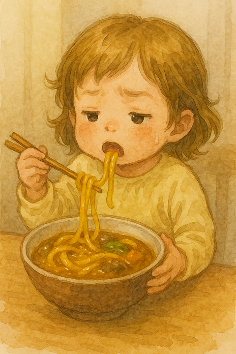 カレーうどんを食べる可愛いい3歳娘