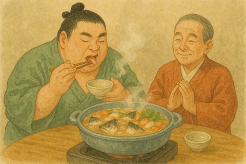 あら鍋を食べる相撲取りと喜ぶ社主