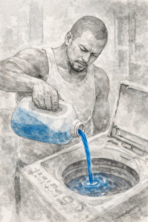 洗濯機に洗剤を入れる刑務所上がりの男性