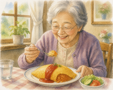 オムライスを食べるお婆さん