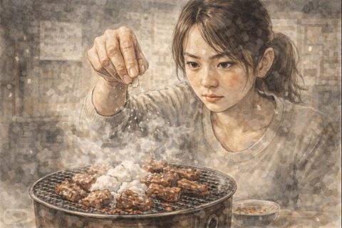 焼肉に塩を振る女性