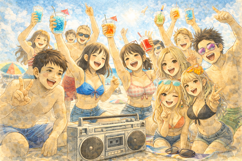 ラジカセと夏の海を楽しむ男女