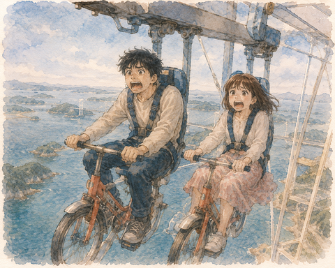 彼女と空中で自転車を漕ぐアトラクションにのる