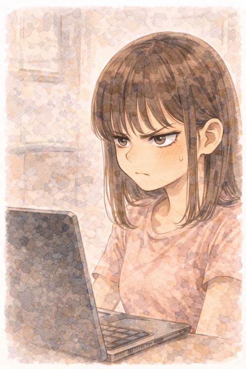 パソコン前に座って不機嫌な女性