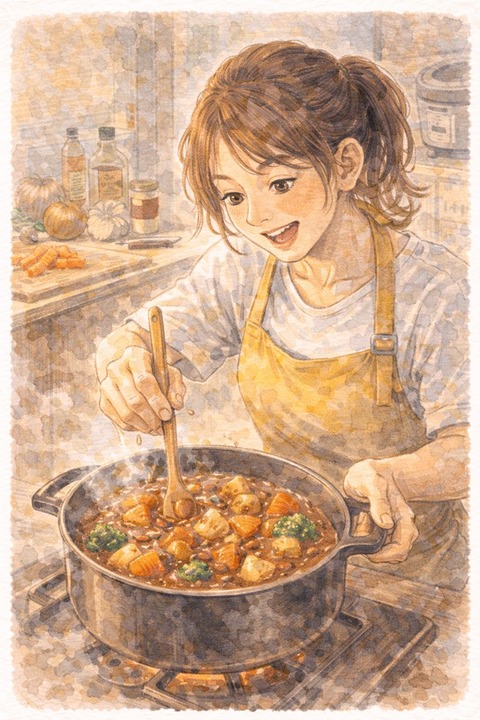 具だくさんのカレーを作る女性