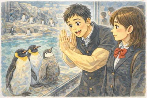 男女の水族館デートペンギン