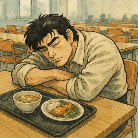 会社の食堂で寝る男性