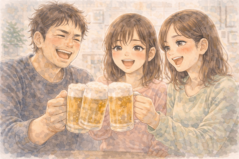 ビールで乾杯する男女