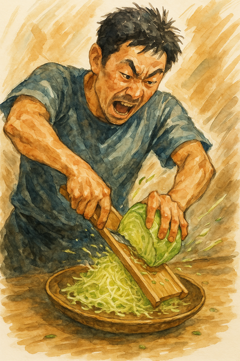 キャベツの千切りをする男性