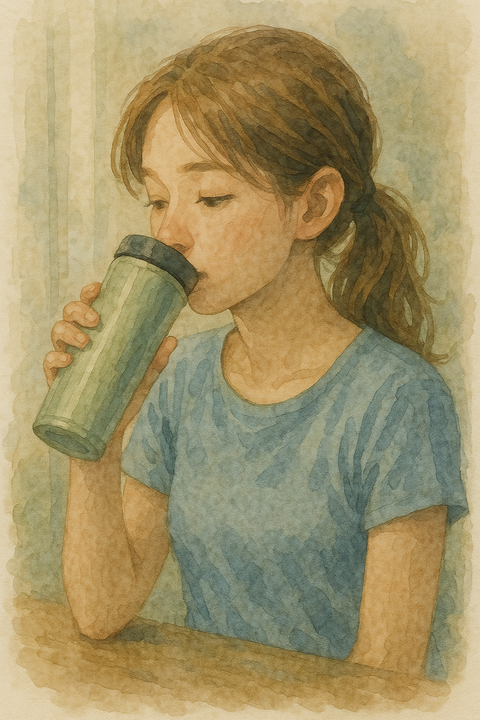 タンブラーでお茶を飲む女性