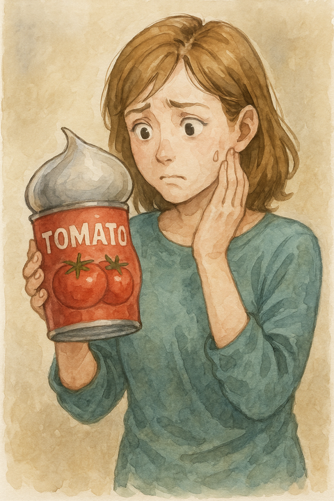 膨らんだトマトの缶詰が不安そうな女性