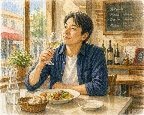 イタリアンレストランで昼から一人のみする男性