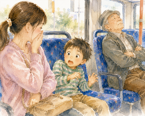 バスの母親と子供