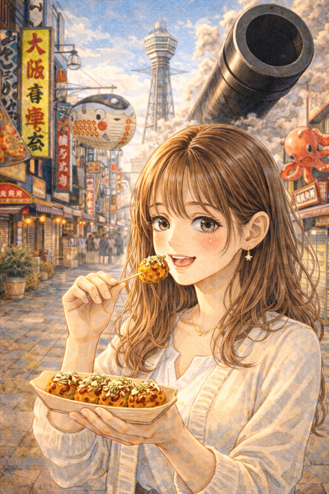 大阪でたこ焼きを食べる女性