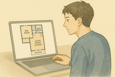 賃貸サイトで間取りを見る男性