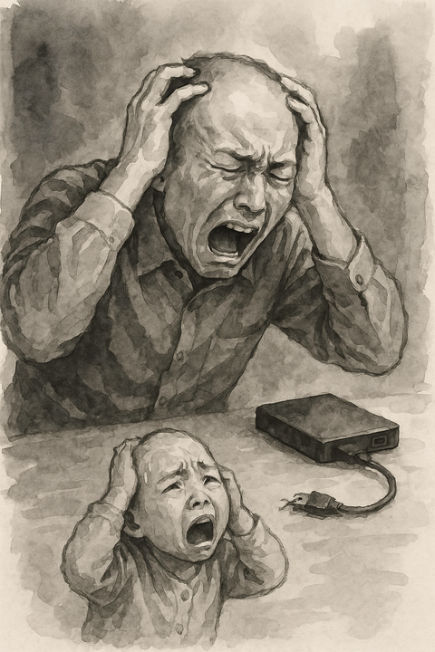 外付けHDDが壊れて絶望する中年男性