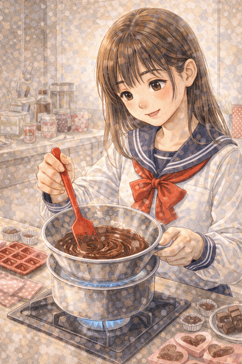 チョコを湯煎してとかす女子高生