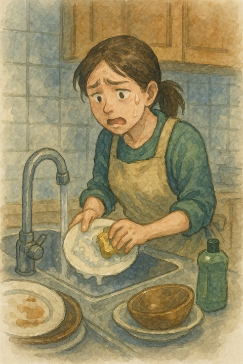 台所で皿洗いをする女性