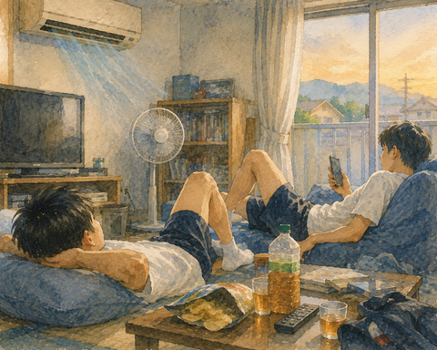 暑いからと夕方まで友宅の居間でクーラー効かせてグータラ男子高校生