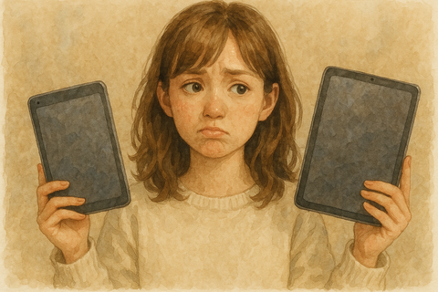 8インチと11インチのタブレットで迷う女性