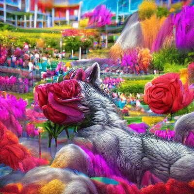 Wolf and Thousands of Colourful Rose Flower Garden