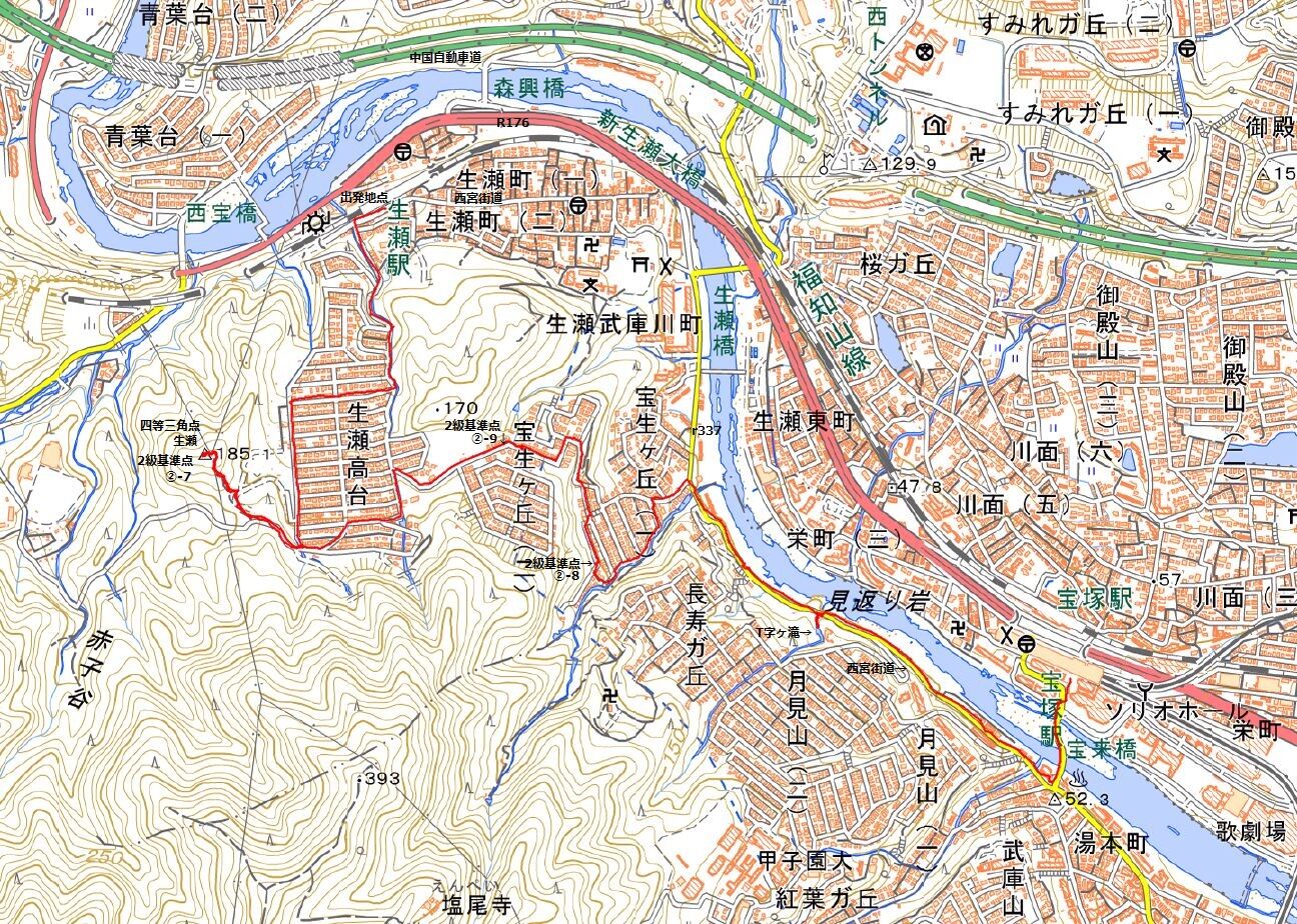 西宮市_宝塚市、生瀬_2級基準点（二ヵ所）_西宮街道_丁字ガ滝