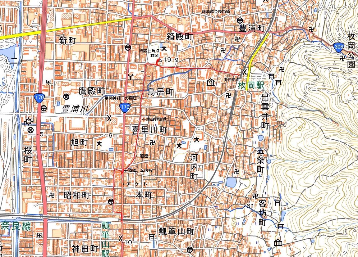 東大阪市、箱殿地区の枚岡_東高野街道（を少し）、三角点探訪