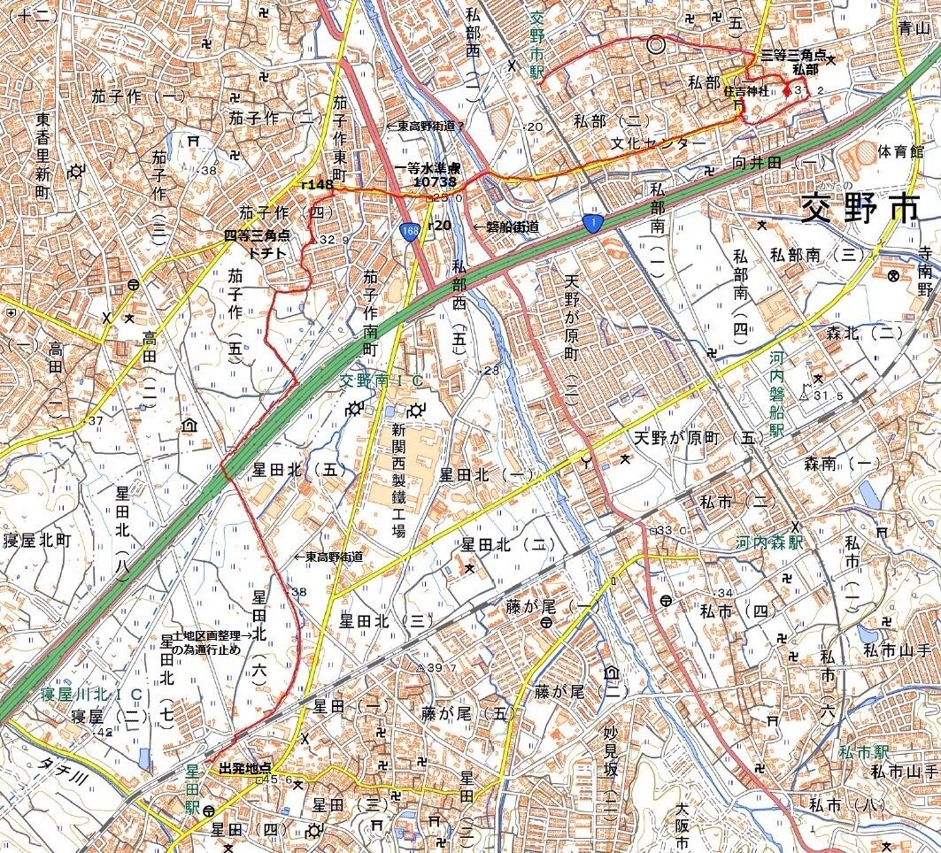 交野市、JR星田駅からドチト_私部_水準点（10738）、三角点探訪（320